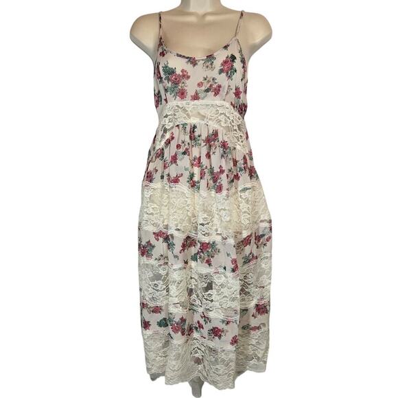 Nameless Tiered Rose Floral Lace Sheer Midi Dress Boho Summer Coverup Small - Picture 1 of 7